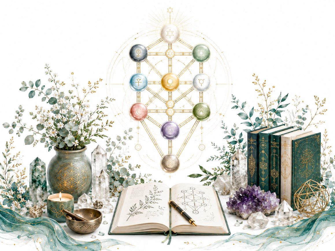 The Sephiroth image for the Qabalah Program through Twillow Lifestyle Academy featuring the spheres of the Tree of Life, sacred geometry, crystals, books, teal botanicals, gold accents, and a bright white background.