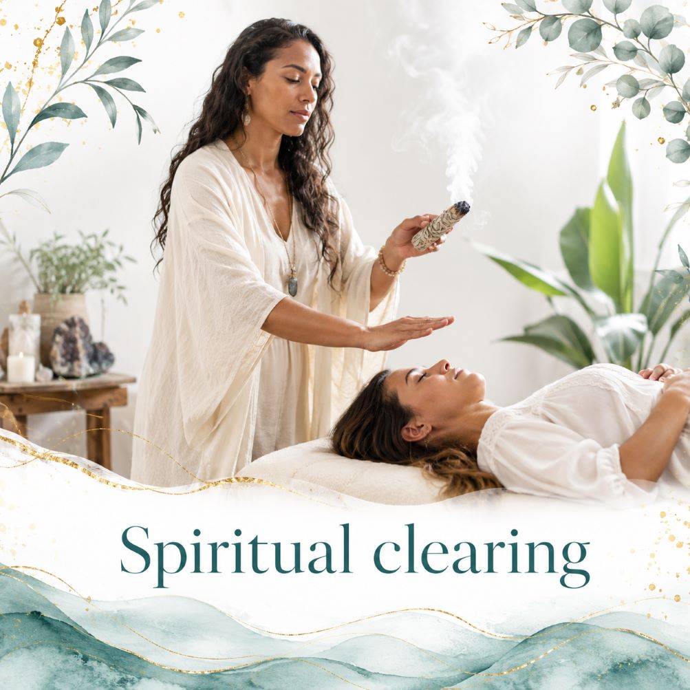 Spiritual clearing image for Twillow Lifestyle Community featuring a practitioner offering smoke cleansing and energetic support in a peaceful ceremonial setting with teal botanicals and gold accents.