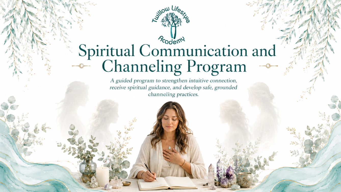Spiritual Communication and Channeling Program cover image for Twillow Lifestyle Academy featuring a woman journaling in a calm spiritual setting with subtle guides, crystals, candles, teal botanicals, gold accents, and a bright white background.
