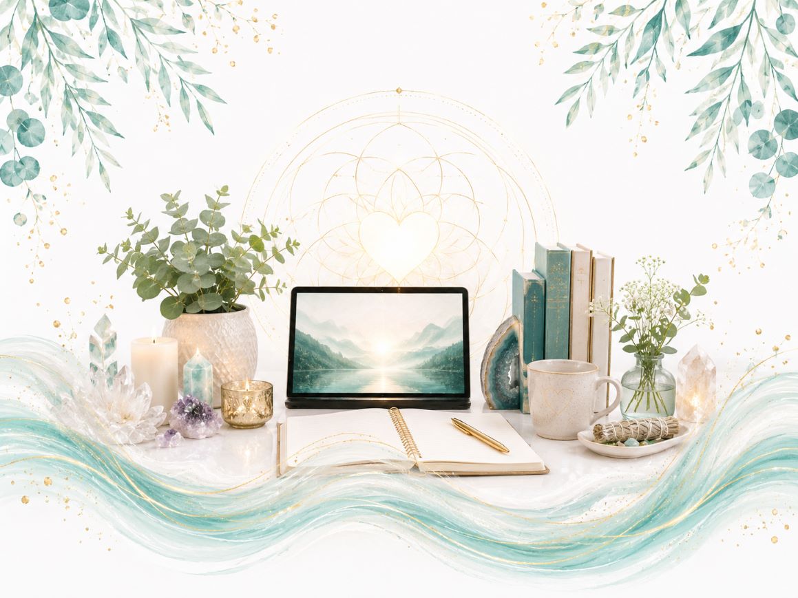 Spiritual Entrepreneur Program image for Twillow Lifestyle Academy featuring a laptop, journal, books, candle, teal botanicals, and a peaceful white and gold business learning setting.