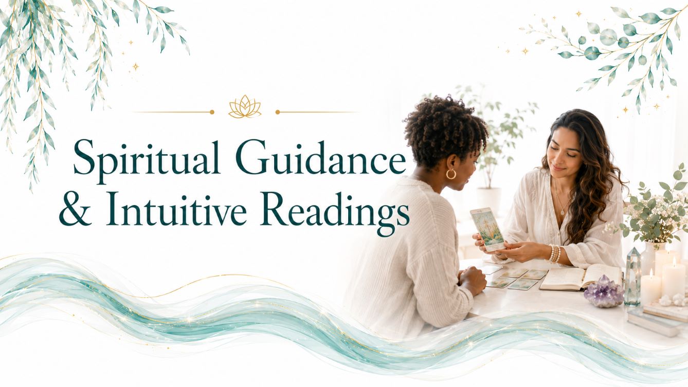 Spiritual Guidance and Intuitive Readings image for Twillow Lifestyle Community featuring a practitioner offering an intuitive card reading with teal botanicals, soft gold accents, candles, crystals, and a bright white background.