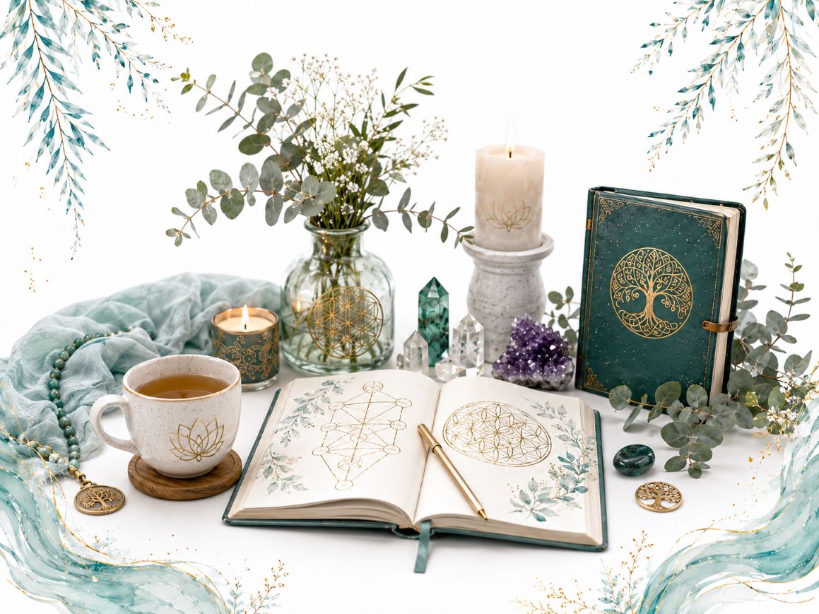 Spiritual Wisdom in Daily Life image for the Qabalah Program through Twillow Lifestyle Academy featuring a peaceful study and daily life setting with books, journal, tea, crystals, teal botanicals, gold accents, and a bright white background.