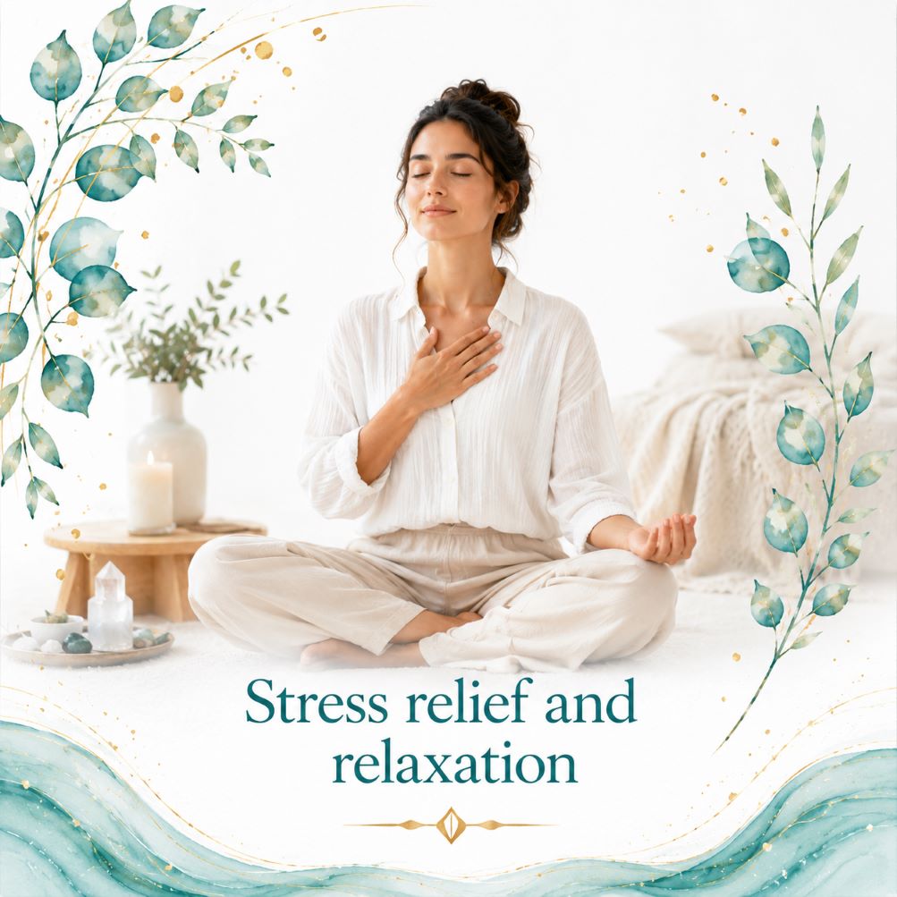 Stress relief and relaxation image for Twillow Lifestyle Community featuring a peaceful person in a calm wellness setting with candles, teal botanicals, gold accents, and a bright white background.