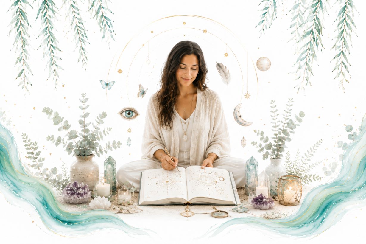 Symbols, Signs, and Spiritual Language image for Twillow Lifestyle Academy featuring a woman journaling with spiritual symbols, subtle intuitive imagery, crystals, candles, teal botanicals, gold accents, and a bright white background.