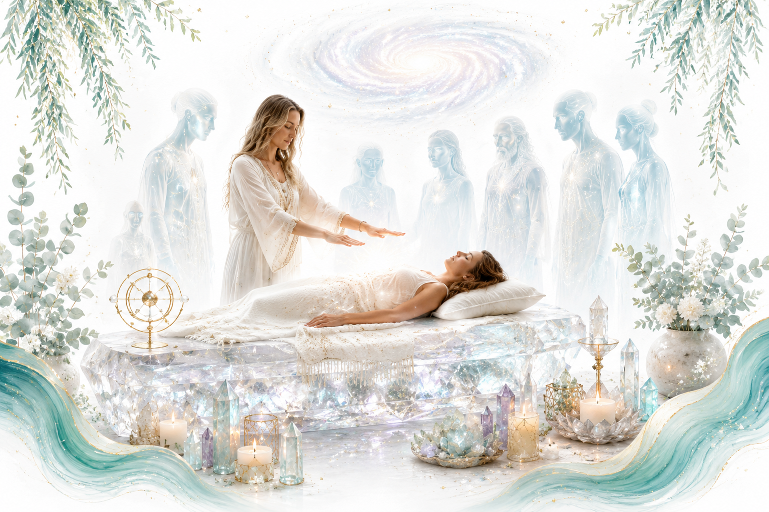 The Role of the Galactic Shaman image for Twillow Lifestyle Academy featuring an energy practitioner offering healing support with subtle galactic beings, crystals, teal botanicals, gold accents, and a bright white background.