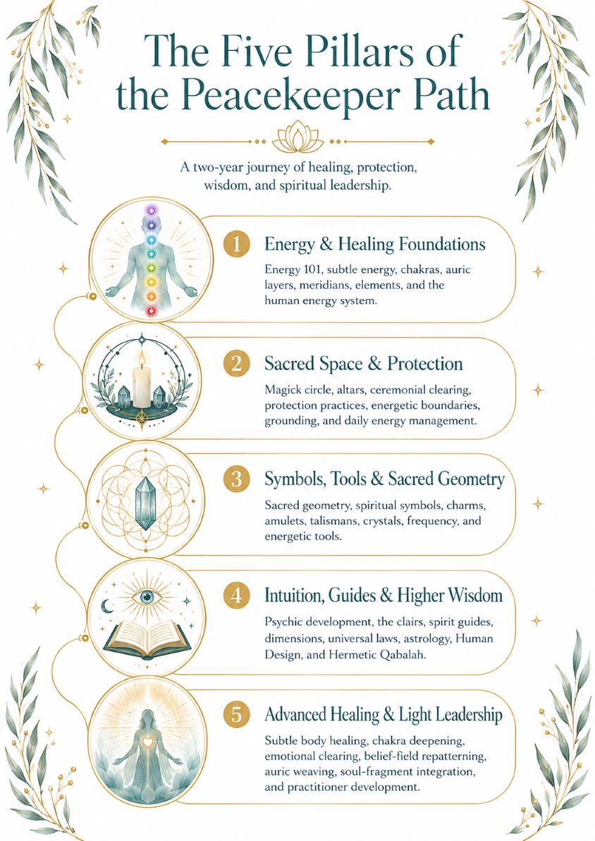 The Five Pillars of the Peacekeeper Path infographic for Twillow Lifestyle Academy featuring energy and healing foundations, sacred space and protection, symbols and sacred geometry, intuition and guides, advanced healing, teal botanicals, and gold accents.