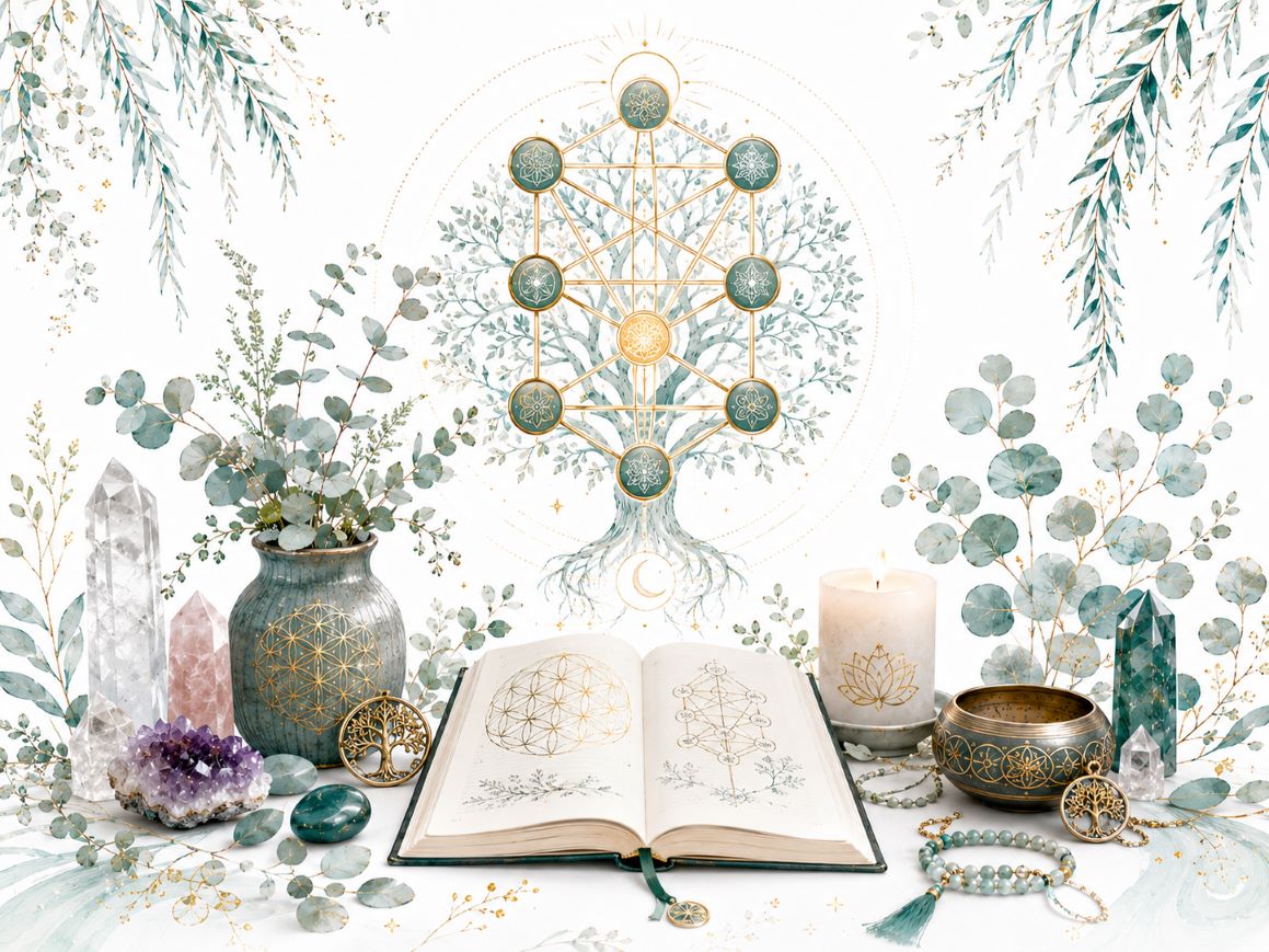 The Tree of Life image for the Qabalah Program through Twillow Lifestyle Academy featuring a sacred Tree of Life design, open book, crystals, candles, teal botanicals, gold accents, and a bright white background.