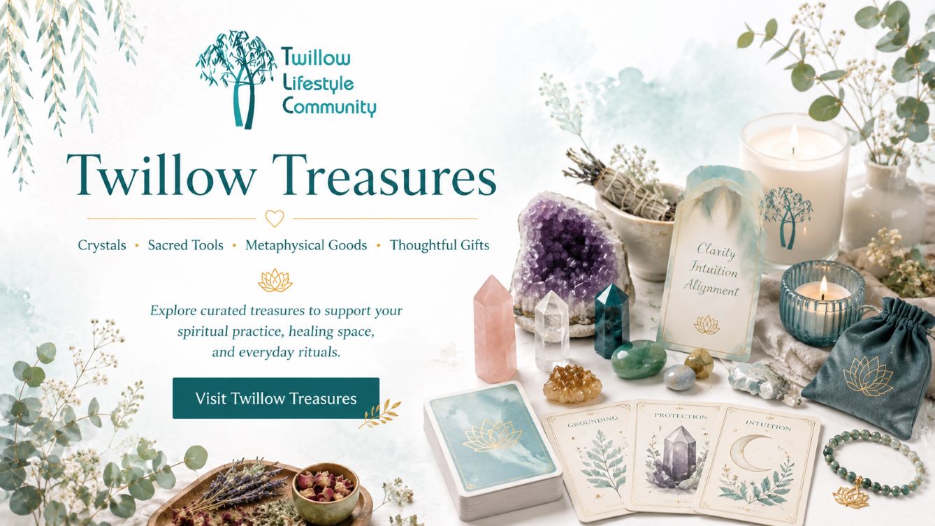 Twillow Treasures page image for Twillow Lifestyle Community featuring crystals, oracle-style cards, candles, sacred tools, teal botanicals, gold accents, and a bright white background.