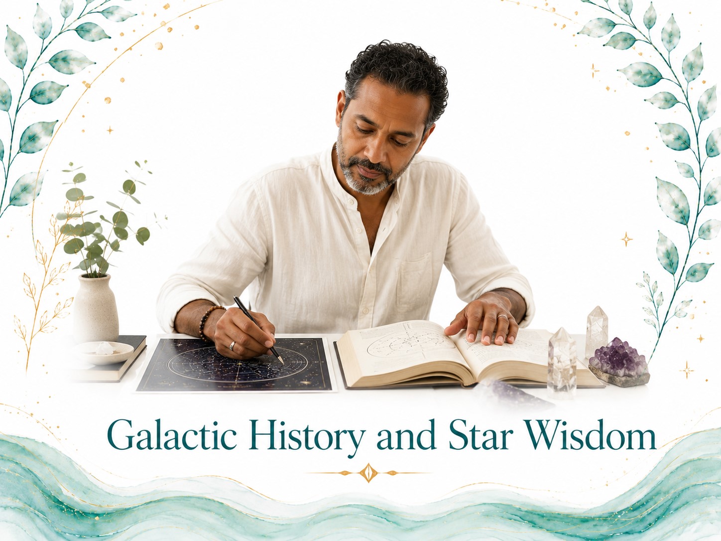 Galactic History and Star Wisdom image for Twillow Lifestyle Academy featuring a man studying a star chart and spiritual text with crystals, teal botanicals, gold accents, and a bright white background.