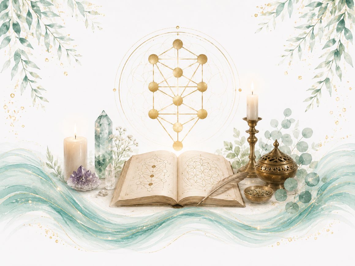 Qabalah Program image for Twillow Lifestyle Academy featuring a serene spiritual study setting with sacred symbolism, books, candles, and soft teal and gold accents on a white background.
