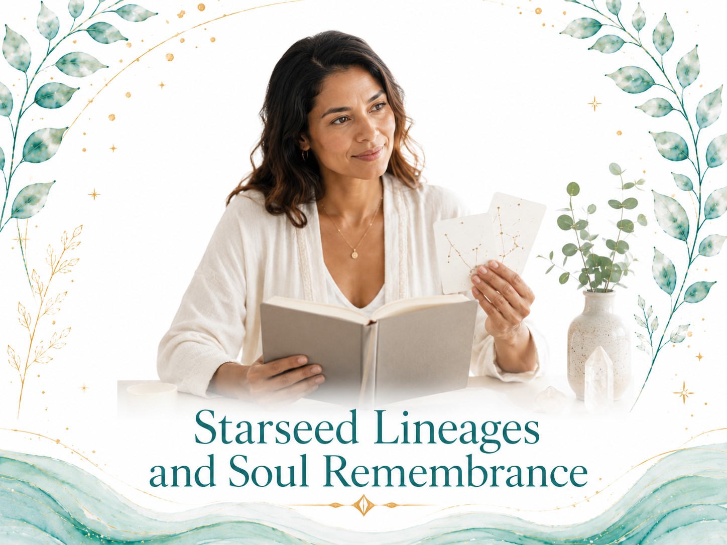 Starseed Lineages and Soul Remembrance image for Twillow Lifestyle Academy featuring a woman studying star symbols and spiritual teachings with crystals, teal botanicals, gold accents, and a bright white background.